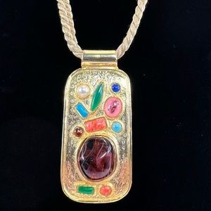 Vintage CADORO Signed Gold Tone Pendant w/Multi Color Stones, Rope Necklace